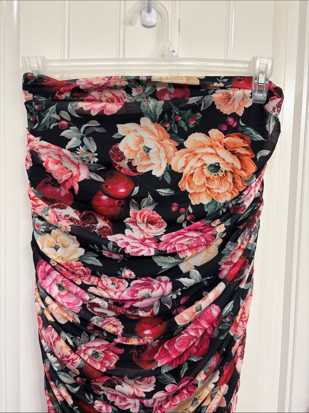 NWT Express Strapless Ruched Tube Floral Dress in Black Pink & Peach Flowers - Picture 2 of 11